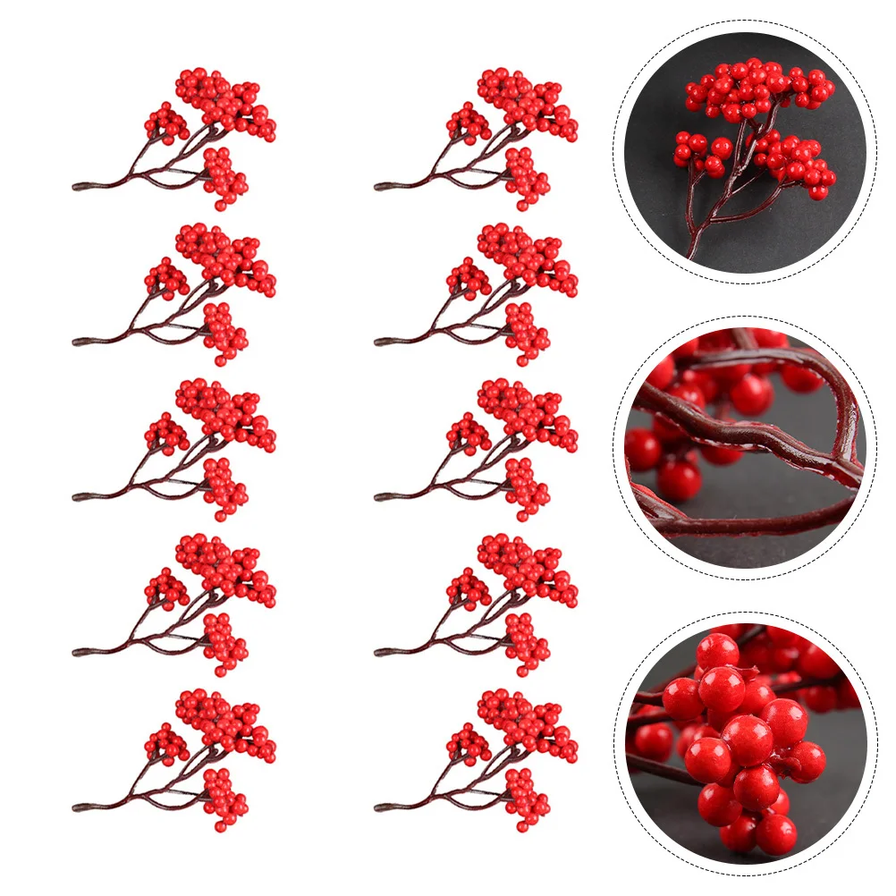 กิ่งเบอร์รี่ปลอมสีแดง 10 ชิ้น กิ่งเบอร์รี่เทียมสำหรับตกแต่งคริสต์มาส สำหรับจัดดอกไม้ DIY ของตกแต่งคริสต์มาส