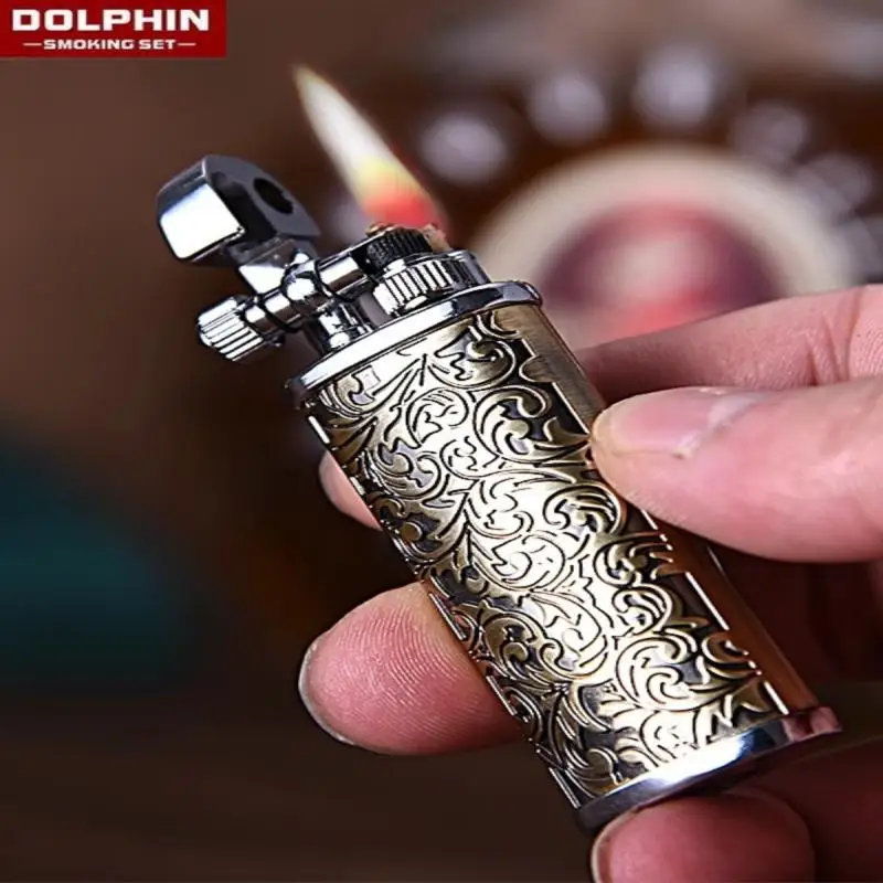 1Pc Tang Grass Pattern Bronze Lighter Side Pulley Metal Kerosene Lighter