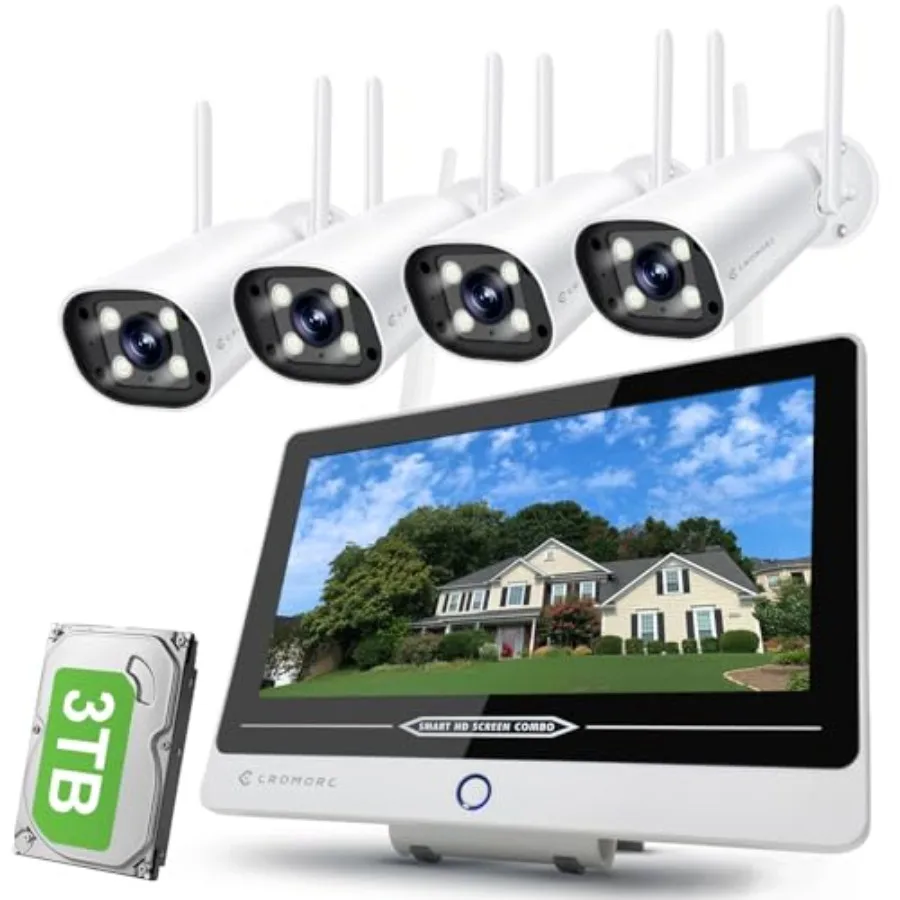 

Home business surveillance wireless security camera system with 5MP cameras, white aluminum alloy housing, human detection, flo