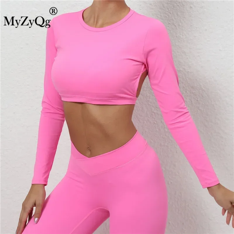 MyZyQg Backless Short Sports T-shirts Top with Chest Pad Women Running Fast Dry Yoga Clothes Tight Long Sleeve Fitness Wear