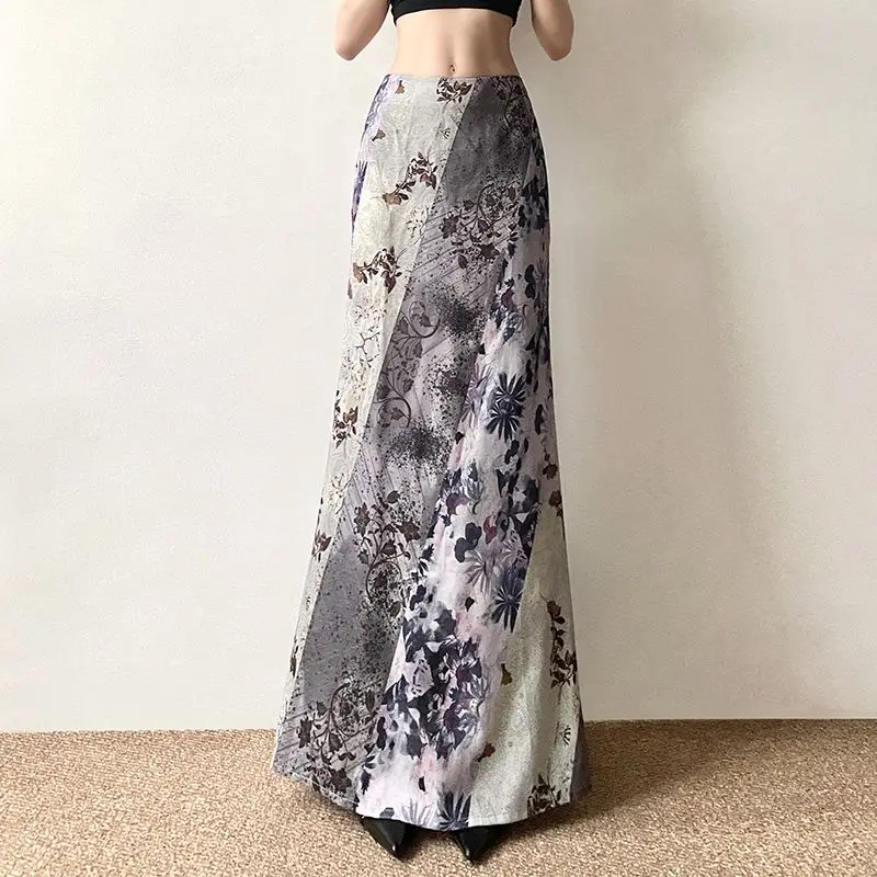 

New Chinese Style Plant Print Skirt Women's Low Waist Floor-length Skirt Hip-covering Skirt