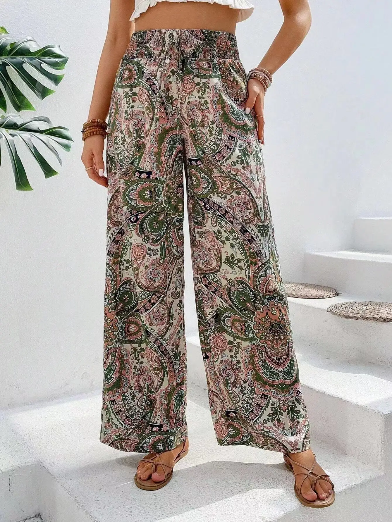 Mode Vintage Print Breite bein Hosen Frauen Casual High-taille Hosen 2024 Frühling Sommer Büro Dame Kleidung Streetwear – Detail 16