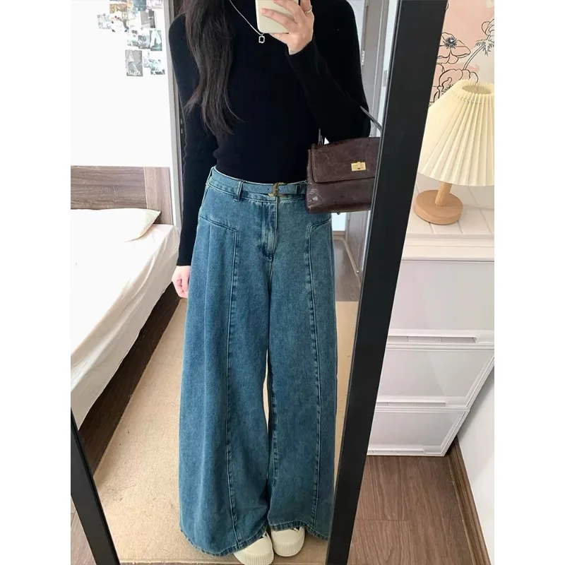 High Waist Wide Leg Denim Jeans Women Loose Fitting Long Straight Cut Trousers Solid Color Floor Length Fashion Style