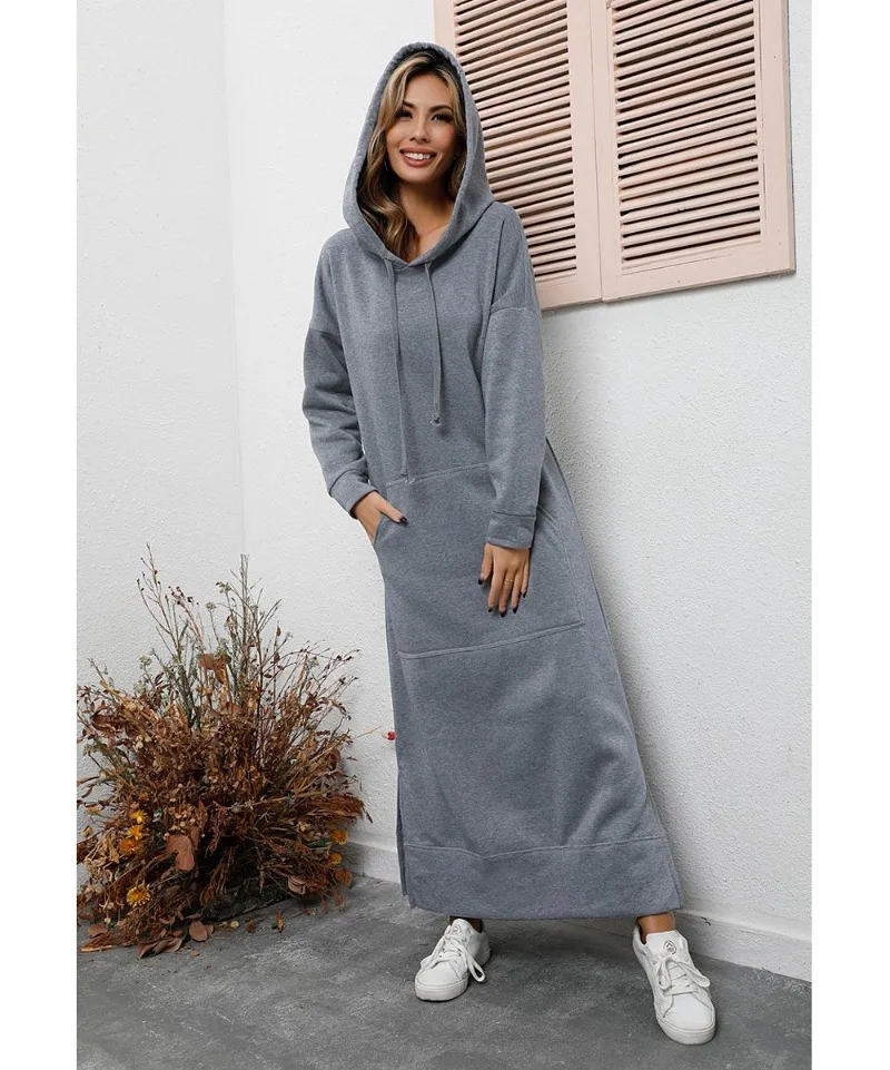 Hoodies Dress for Women Fashion  2024 Hem Lace-up Midi Robe Hooded Long Vestidos Winter Warm Casual Loose Sweatshirt Dress