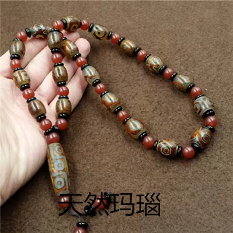 

Tibet Nine-Eyed Dzi Agate Prayer Beads Necklace Tibetan Style Chalcedony Dzi Agate Necklace Drum Beads Prayer Beads
