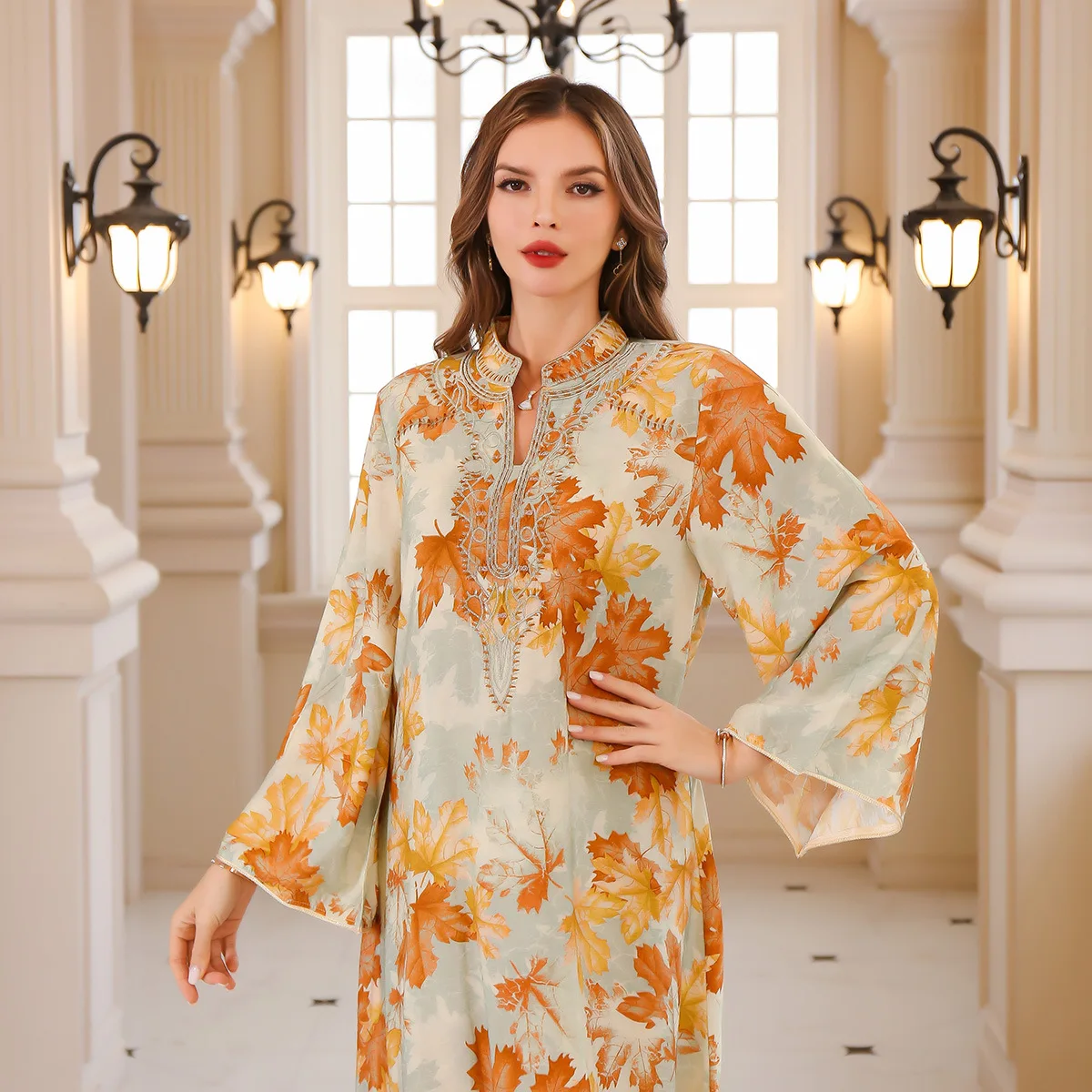 Vivid Leaf Floral Printed Abaya Women Chic Dress Muslim Fashion Gown Long Sleeves Robe Loose Djellaba V-neck Clothing Eid Dubai