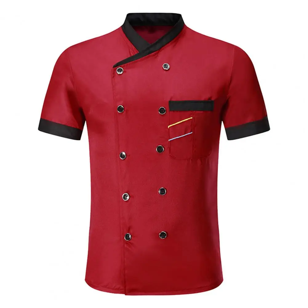 Unisex Chef Shirt Double-breasted Stand Collar Restaurant Kitchen Chef Uniform Short Sleeves Cooking Clothes Catering Chef Shirt