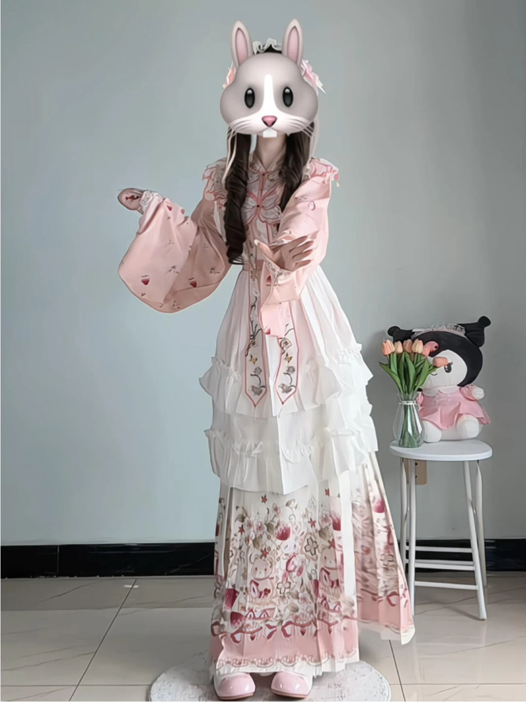 Cute Pink Strawberry Bear Hanfu Women's Lolita Skirt Cloud Shoulder Ma Face Qipao Four Seasons Universal Ming Dynasty Style
