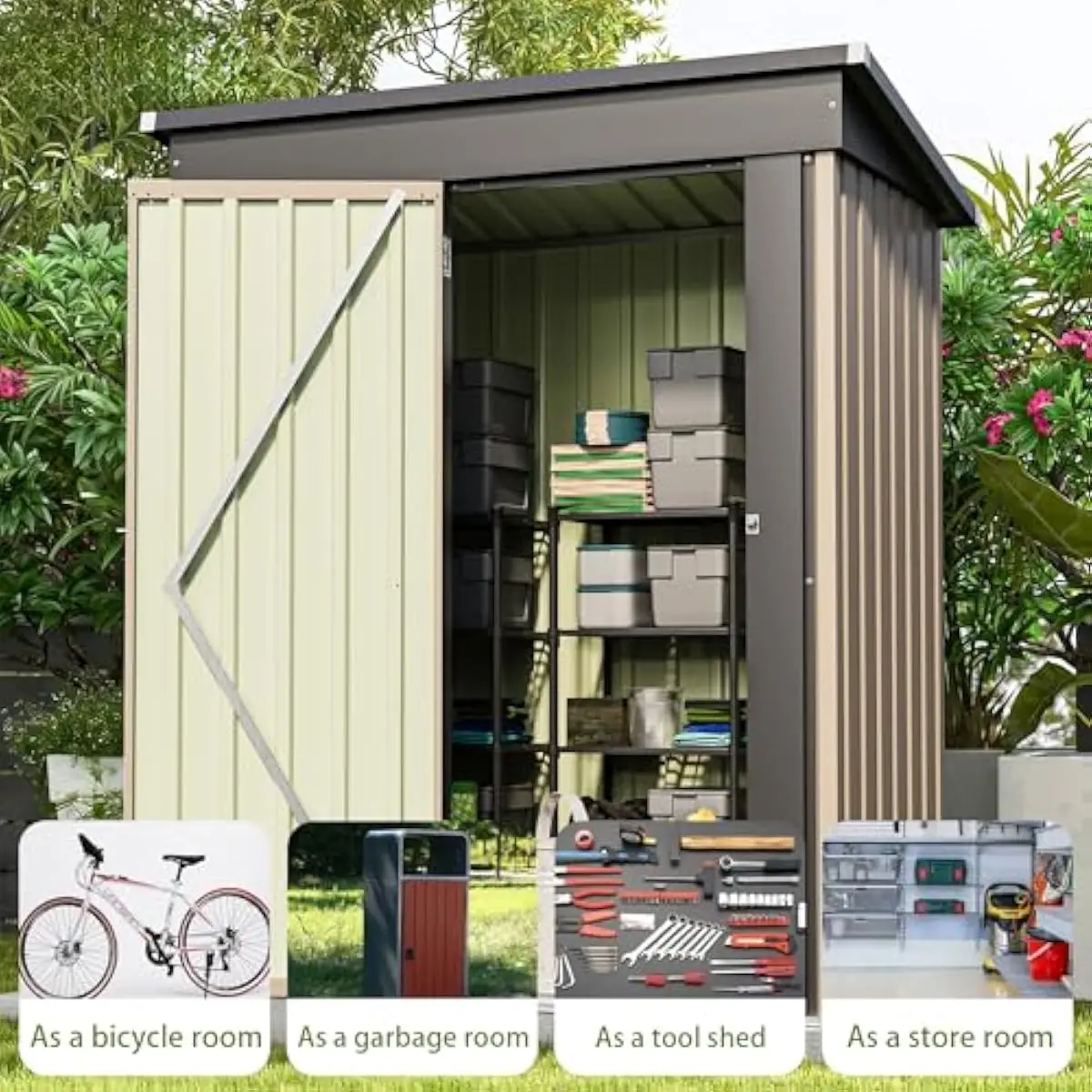 5 x 3 ft weatherproof metal storage unit with sloped roof, galvanized steel walls, lockable door, corner protection caps, all-we