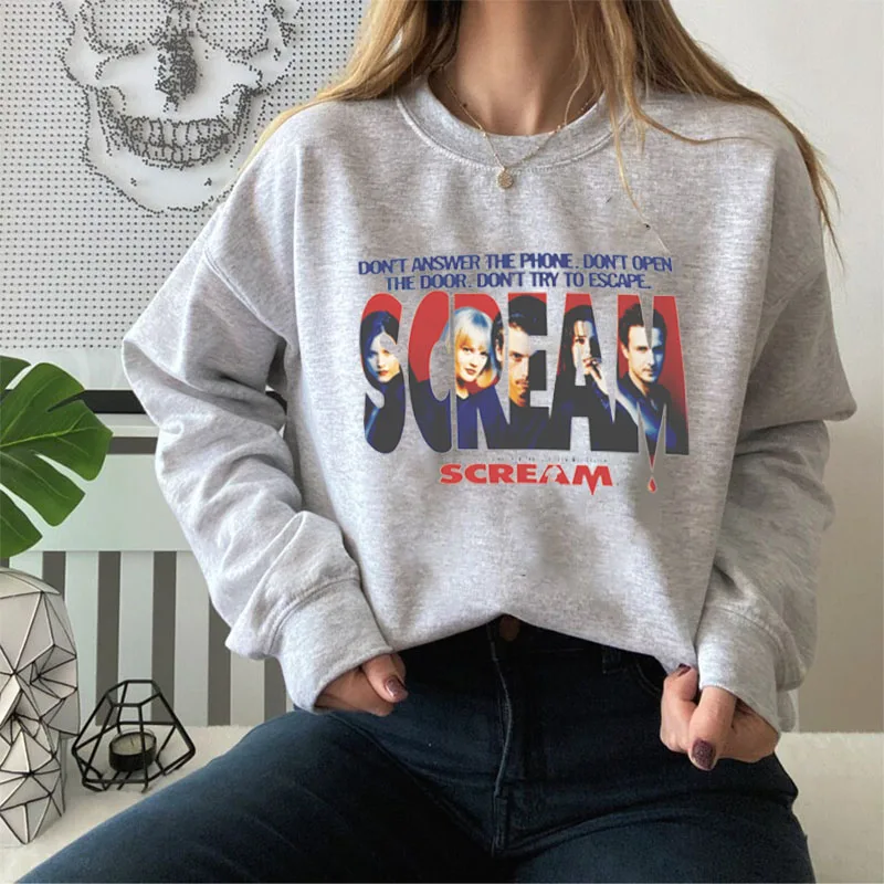 Scream Movie Sweatshirt Autumn Winter Women Hoodies 90s Horror Movie Shirt Halloween Shirt Long Sleeve Female Clothing