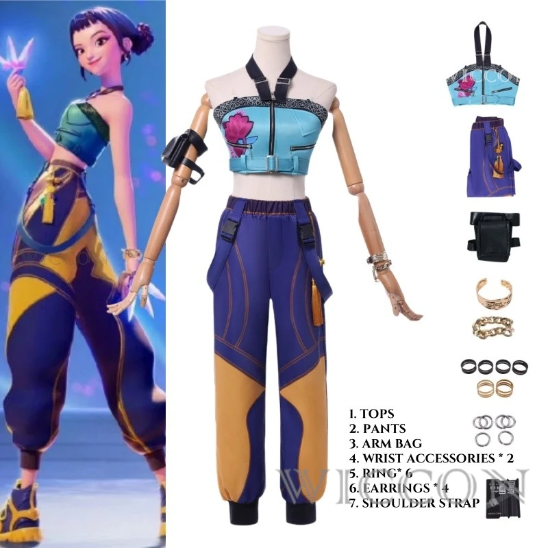 

KPOP Huntrix Zoey Cosplay Costume Wig Rumi Mira Stage Uniform Top Earrings Superstar Demon Hunters Girl Women Set Halloween Suit