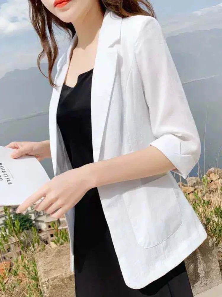 Female Clothing Jacket Solid Color Suit Elegant Causal Style Youth Clothes Linen Overcoat Fashion Commuter Dressing All Season