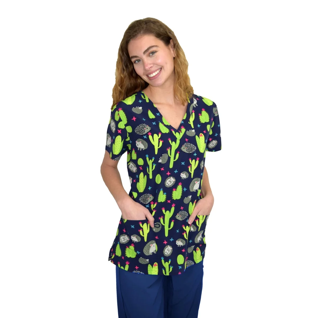 Robes chirurgicales imprimées fantaisie rétro pour femmes, gommages dentaires Micro élastiques à col en v, uniforme à manches courtes, hauts de dentiste médical pour femmes