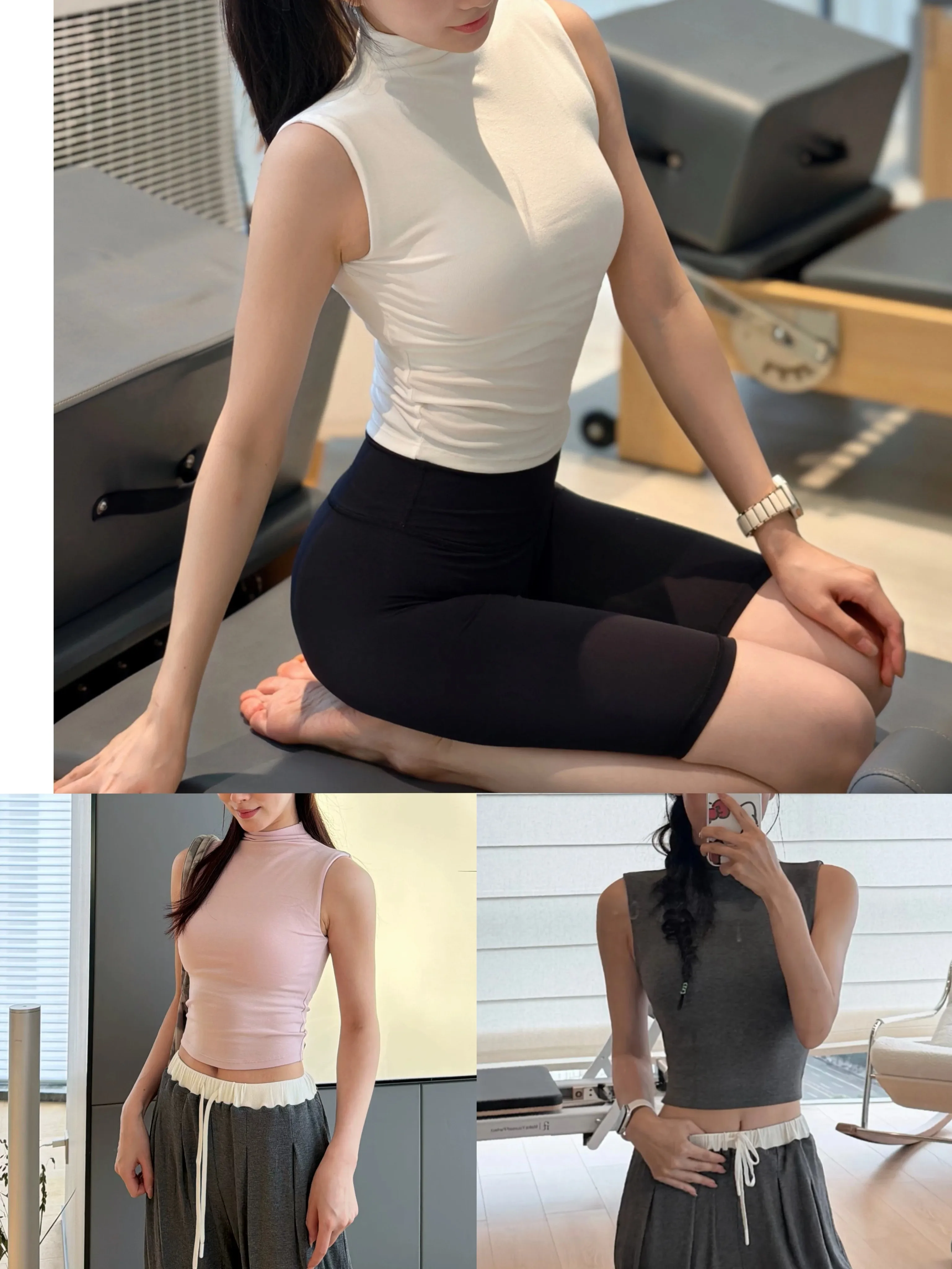 Halbrollkragen, ärmelloses Yoga-Oberteil, hochelastisches Sport-Top, Fitness-Pilates-Trainings-Top, Damen-Basisschicht, Oberbekleidung. – Detail 2