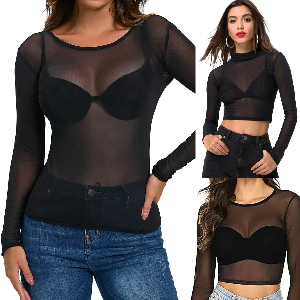 

DAILOU New Style Fresh and Sexy Slim Fit See Through Tight Fitting Long Sleeved Mesh Top for Women