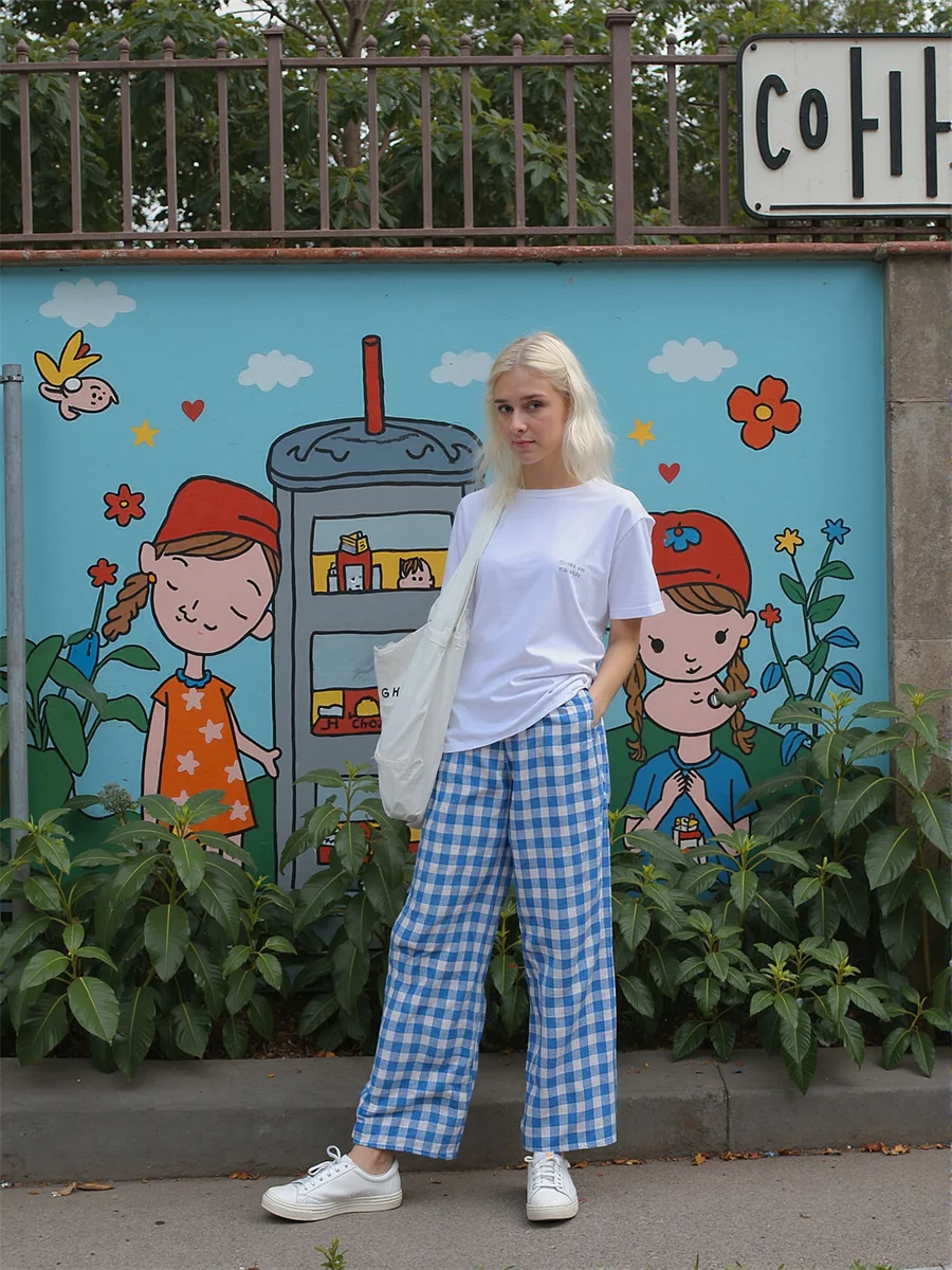 Pants Casual Woman Blue Pink Plaid Side Pockets Functional Design Element Practical Storage Space Comfortable Soft Material