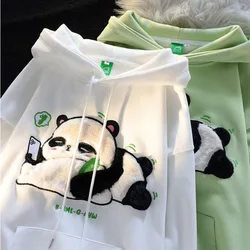 Sudaderas con capucha gruesas con bordado de flocado chino, Sudadera con capucha de Panda de dibujos animados Kawaii, jerséis de lana a juego para pareja, Invierno