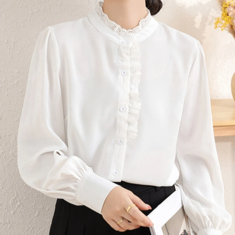 Dropshipping Females Blusas Mujer Women Chiffon Tops and Blouse Elegant Fashion Women Long Sleeve Ruffled Solid Office Lady Lace