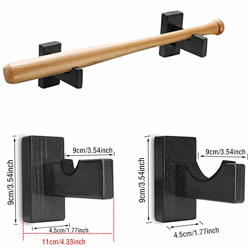 Suporte de madeira portátil do bastão de beisebol, Baseball Bat Display Holder, Wall Mount Hanger, Softball, Hóquei Stick Rack Bracket, 2pcs