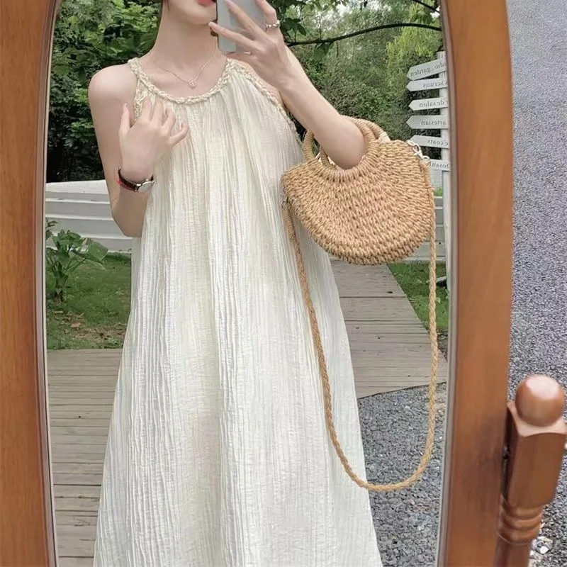 

Summer Halter Sleeveless Women's Solid Bright Silk Distressed Pullover Casual Elegant Loose Office Lady Vintage Knee Dress