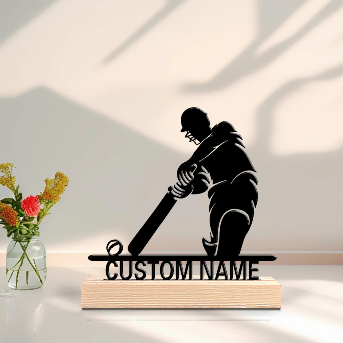 1pc Stylish Personalized Custom Cricket Players Hit The Ball Metal Statues Metal Art With Wooden Base Perfect For Bedrooms Gifts