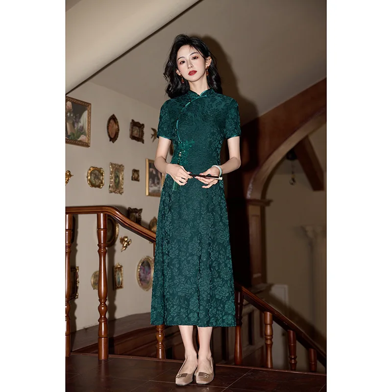 Elegant Old Shanghai Chinese Style Aodai Cheongsam Summer Vintage A-Line Qipao Short Sleeve Young Women Sexy Dress