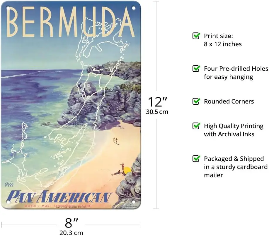 Bermuda - via Pan American World Airways - Vintage Airline Travel Poster by Loweree c.1953-8 x 12 inch Vintage Metal Tin Sign