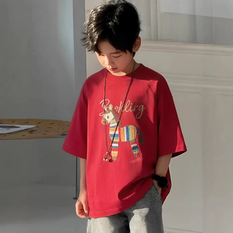 

2026 Summer New Round Neck Children's Pony Pattern Embroidered Cotton Loose Fit T-shirt