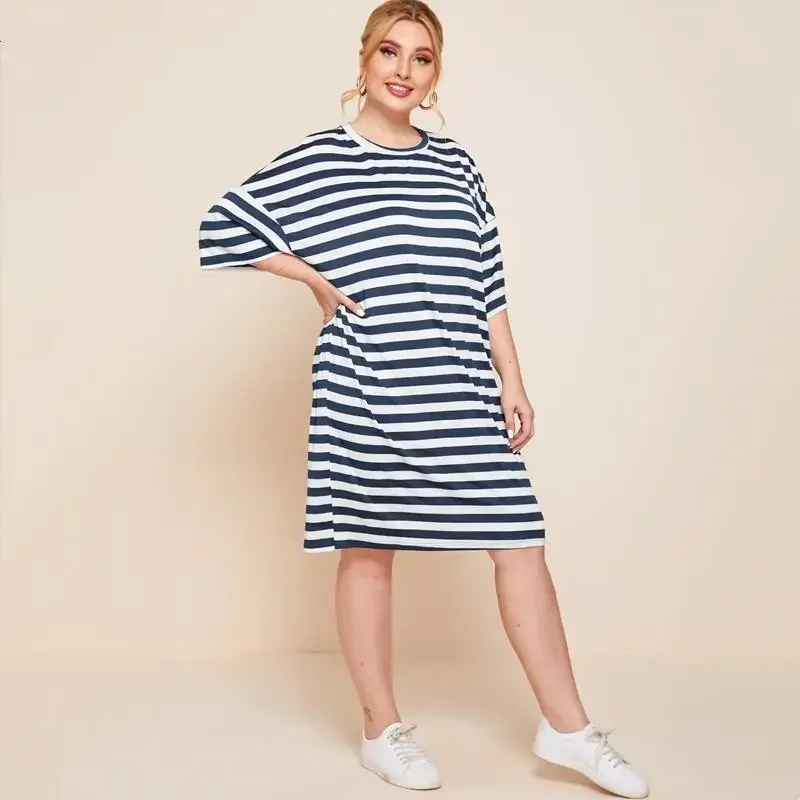 Plus Size Loose Summer Elegant Tunic Dress Women Drop Shoulder Half Sleeve Oversize Casual T-shirt Dress Midi Striped Tee Dress