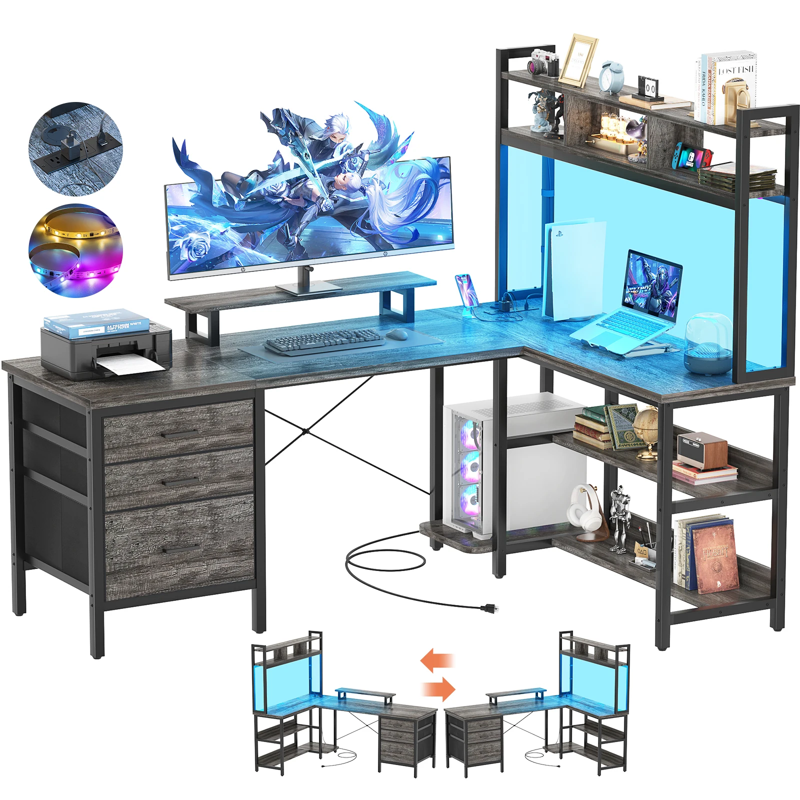 Aheaplus L-Shaped Gaming Desk with LED Lights, Reversible Corner Computer Desk with Power Outlet, 3 Fabric Drawer & Monitor Stand, Large Storage Shelves for Home Office, Black Oak
