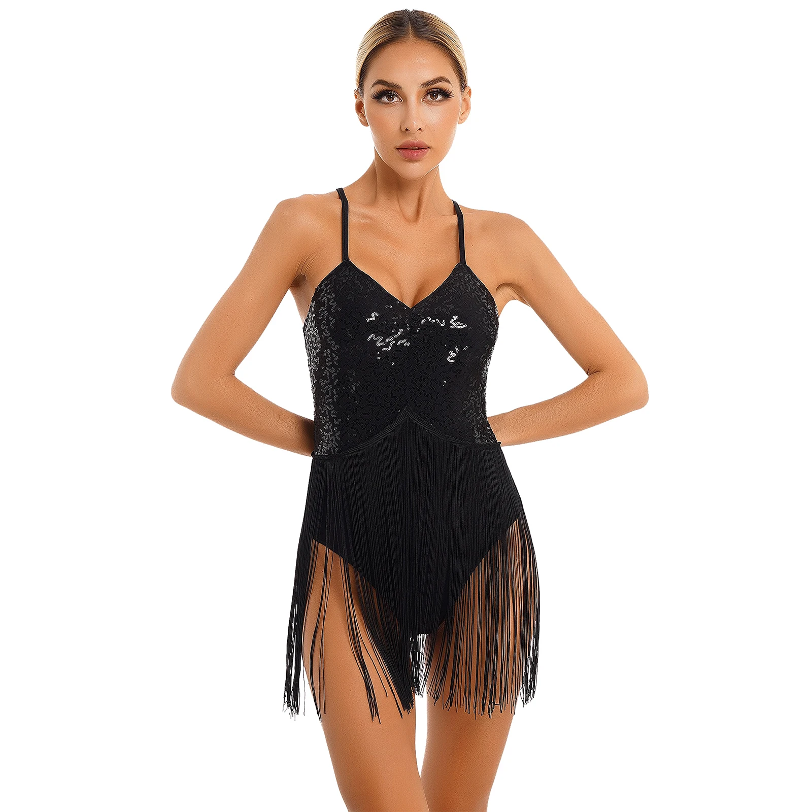 Women Sequins Tassel Dance Leotard Glitter Fringed Bodysuit V Neck Dancewear Adjustable Straps Performance Costume