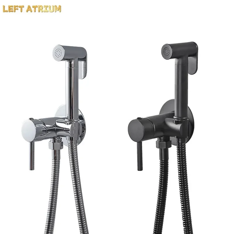 Black/Silver Wall Mounted Bidet Spray Gun Kit with Cold Hot Mix Valve Toilet Wash Stain Brass Shower Body Accessory for Bathroom
