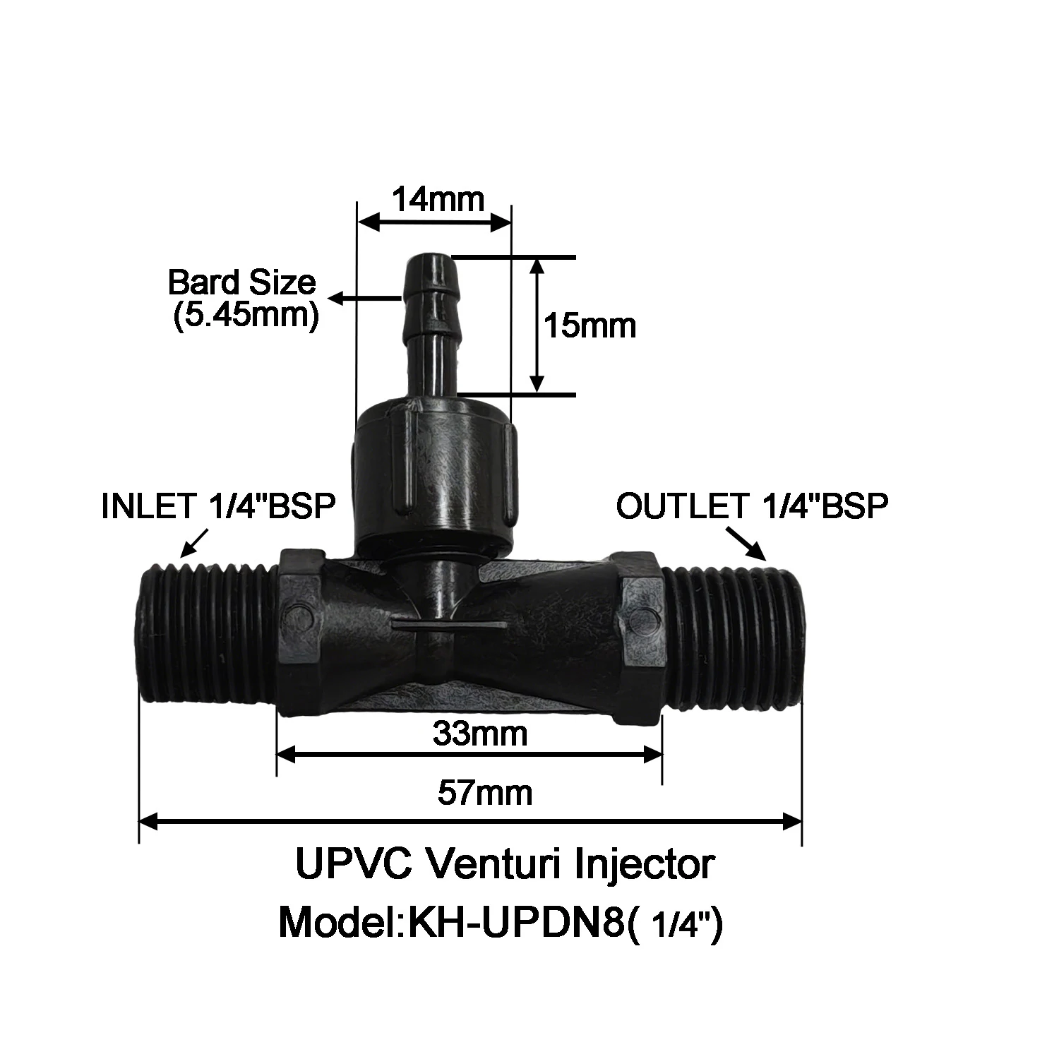 KH-UPDN8/N15 UPVC Venturi tube1/4 "1/2" 3/4 "Injetor Venturi de plástico com válvula para misturar gás e líquido Injetor rosca BSP