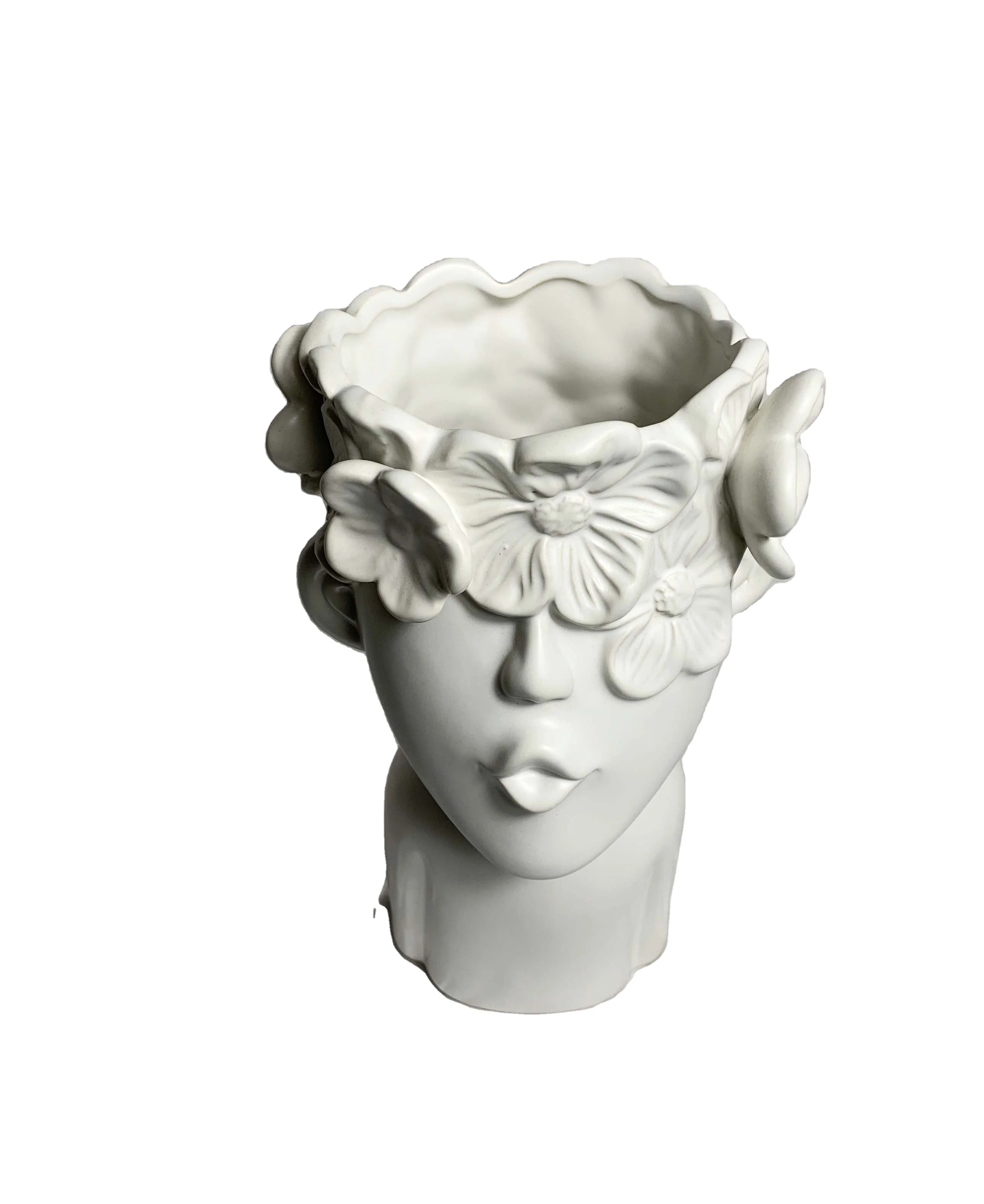 Modern Off White Ceramic Planter Pot Cute Human Face Vase Flower Holder Wide Caliber Face Pots Head Vases for Table Bouquets