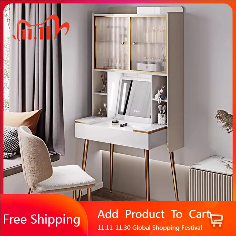 

White Luxury Vanity Table Cosmetics Women Living Room Modern Dressing Table Cabinet Desk Chair Penteadeira Postmodern Furniture