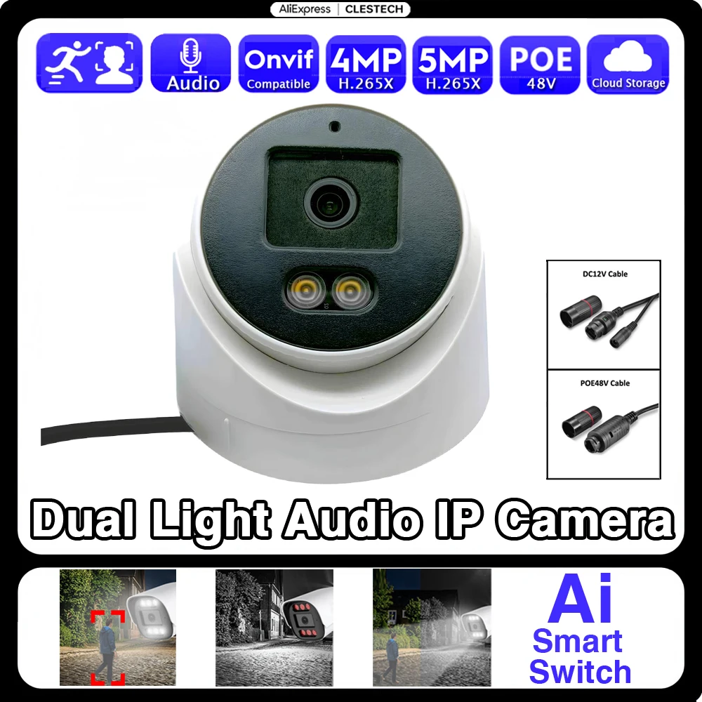 Indoor Dome Semi-Metal IP Camera POE 5MP 4MP Full Color Infrared Dual Light Audio Mic RTSP Xmeye AI Enhanced Smart Surveillance