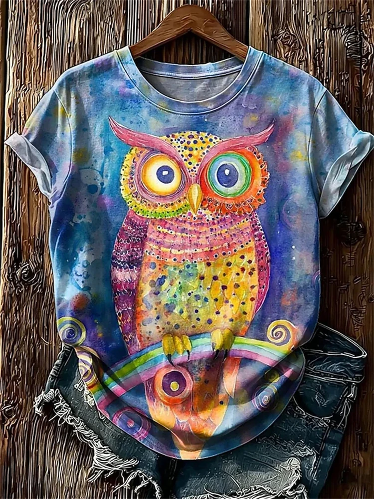 Women's Summer Round-Neck Fashionable Casual Short-Sleeve T-Shirt with Colorful Cute Owl Print Loose-Fitting Streetwear Top