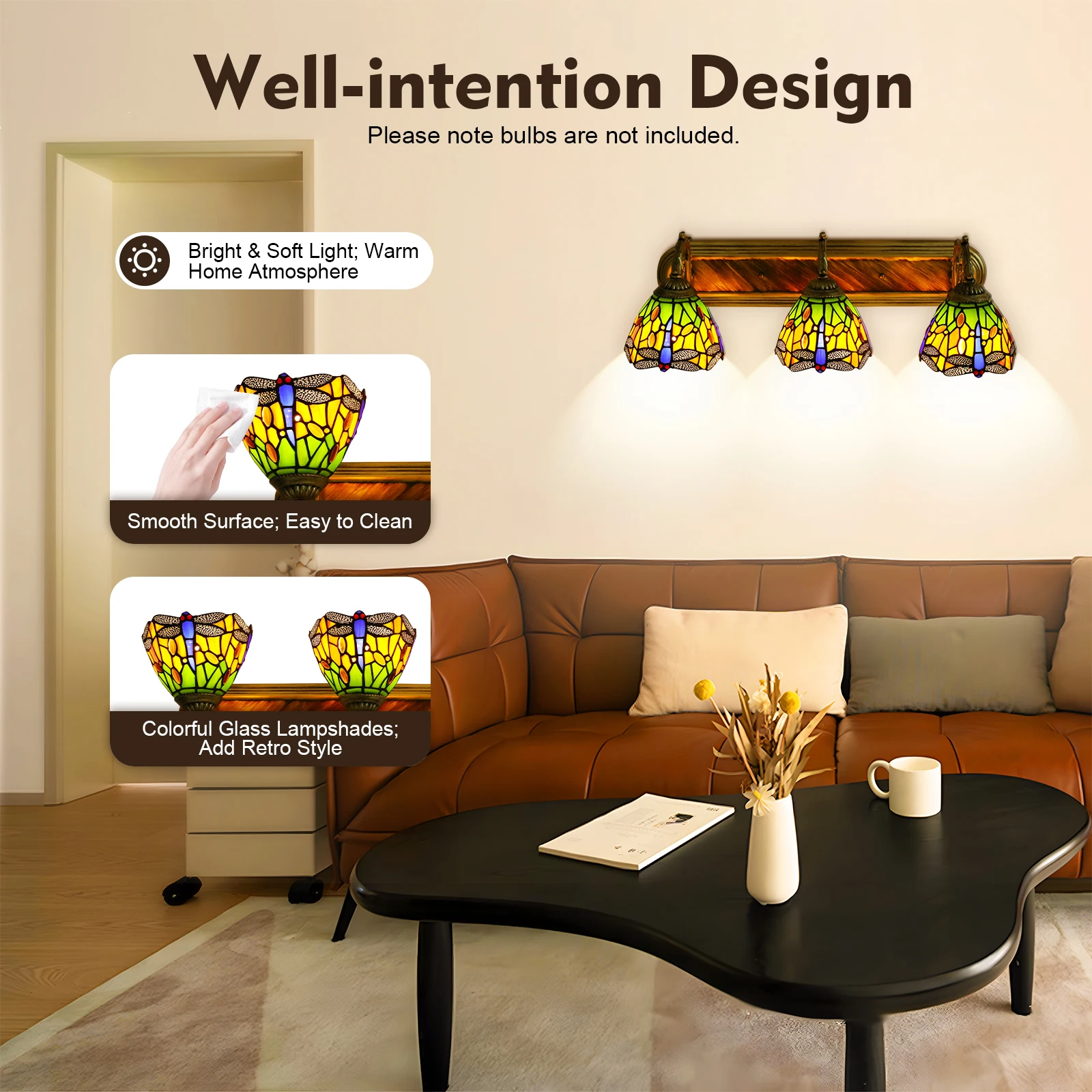 

Настенный светильник «Три головы стрекозы» в стиле Тиффани, витражный плафон, винтажный настенный светильник для спальни, гостиной и отеля