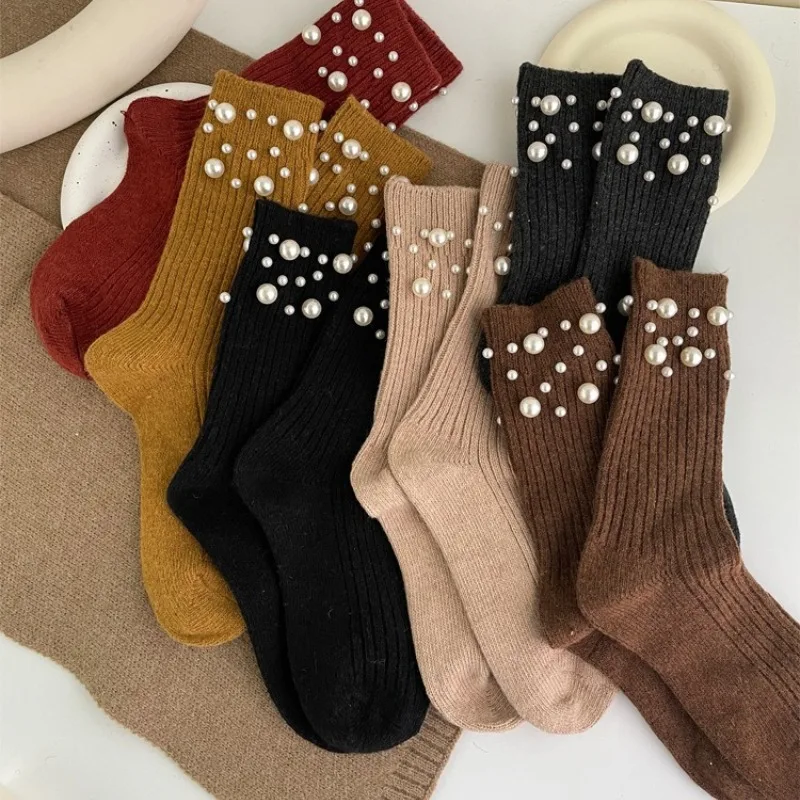 6 paia di calzini decorativi con perle calde alla moda da donna, eleganti e minimalisti, carini, a metà polpaccio, comodi calzini da donna ﻿