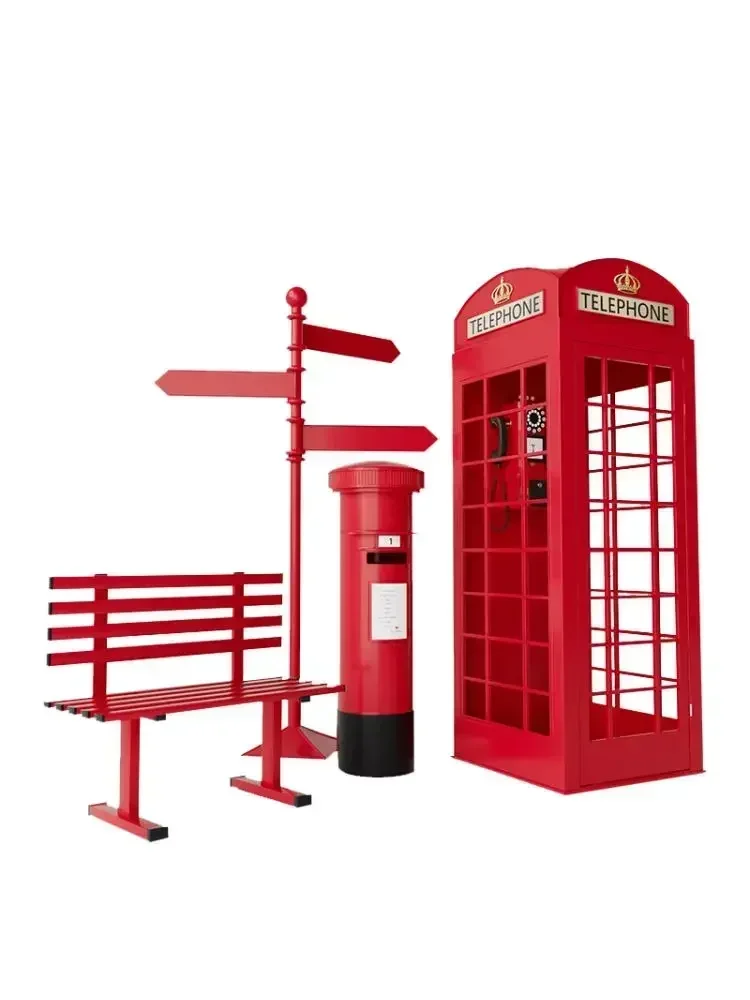 Hot selling Retro red phone booth wedding photography props ornament British style mailbox floor bench street sign soft decorati