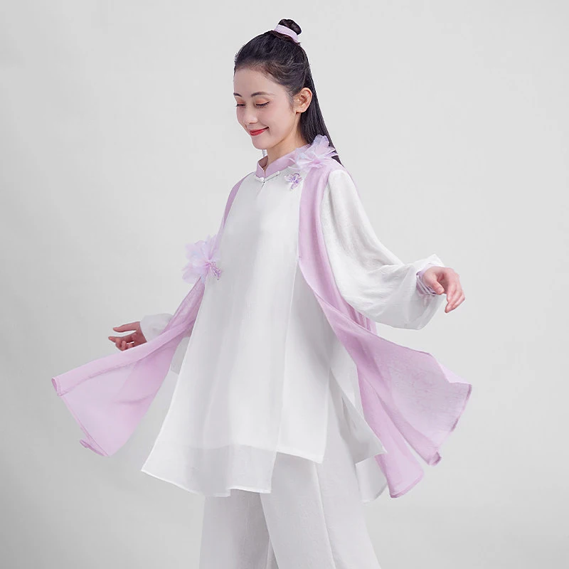 New Arrival Hand Painted Spring Summer Tai Chi Uniform Set - Double Layer Flowy Chiffon Linen for Qigong Baduanjin Competition