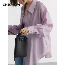 CHIC VEN camicia da donna manica lunga allentata Casual allentata leggermente trasparente camicette fresche donna Solid Top femminile primavera estate 2024