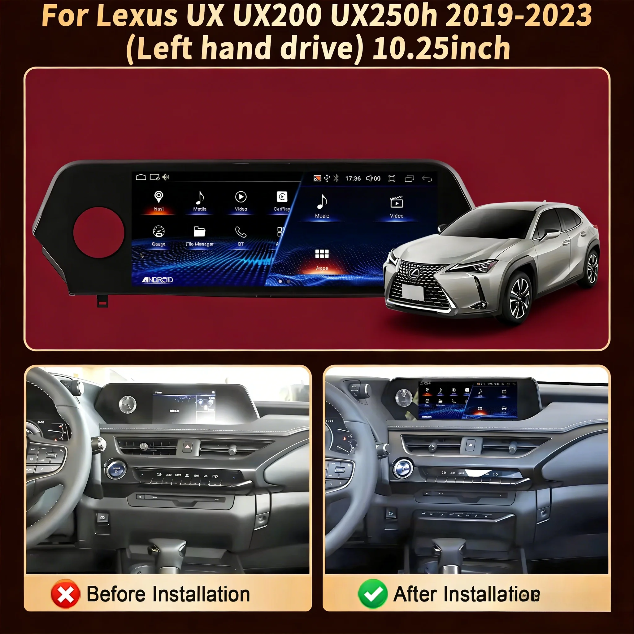 

10,25-дюймовый экран для Lexus UX UX200 UX250h 2019-2023, леворульный, автомобильная магнитола с беспроводным CarPlay, мультимедиа, Snapdragon 685