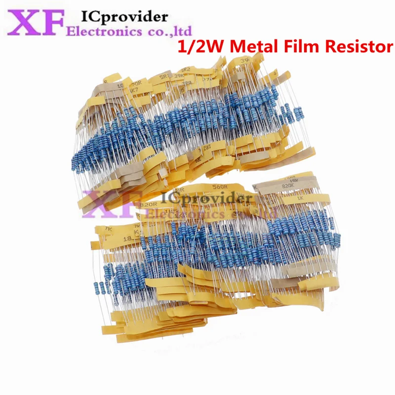 

1100pcs 1/2W Metal Film Resistor Kit 1% 0.1 ohm - 2.2M 110 ValuesX10pcs 0.5W Resistance Set Assortment Pack