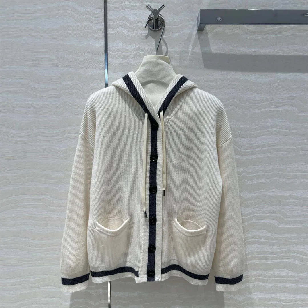 

2024 New Autumn Fashion Luxury 100% Cashmere Knitted Cardigans Women Patchwork Hooded Long Sleeve Single Breasted Casual Sweater