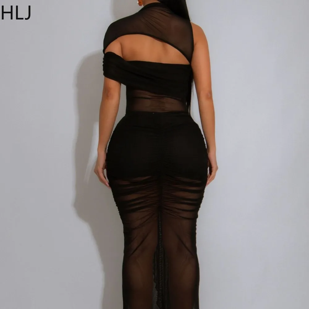 HLJ Sexy See Through Bodycon Long Dresses Women Mesh Irregular Ruched Patchwork Backless Dress Female Party Clubwear Vestidos