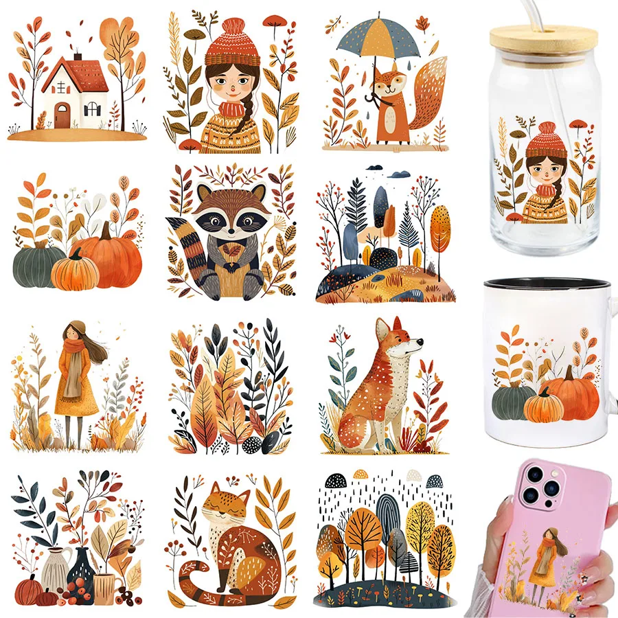 2pcs Fall Pumpkin Folk Art Nordic DIY UV DTF Rub On Transfer Stickers Craft Glass Mug Cup Wraps Junk Journal Home Decor