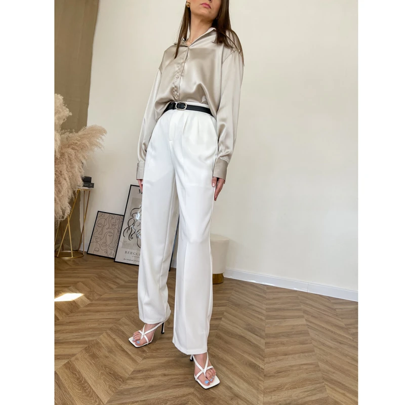 Not Transparent White Pants For Women High Waist Zipper Pocket Big Large Size Long Wide Leg Navy Blue Trousers