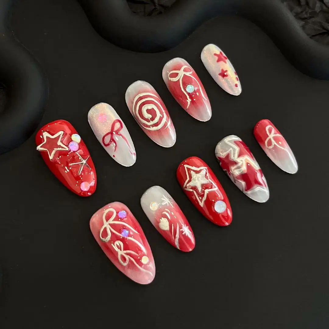 Designer's New Handmade Red Pearl Inlaid High-end Fake Nail Limited Edition Glossy Relief Fake Nail, Comes with A Tool Kit