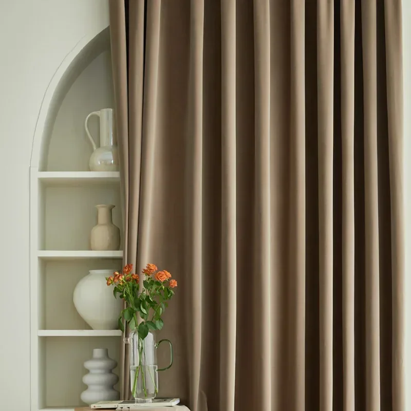 

Custom Modern Simple Brown Velvet Curtains for Living Room Bedroom Dining Blackout Luxury White Tulle Thicken Elegant Window